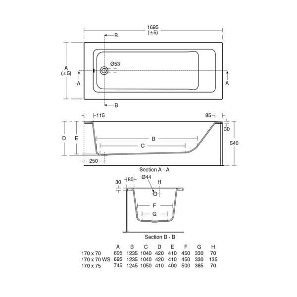 D03932 Ideal Standard Tempo Cube no tap hole Idealform+ double ended bath 1700 ...