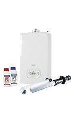 Image of a Baxi 800 combi, a Fernox chemical pack and a flue